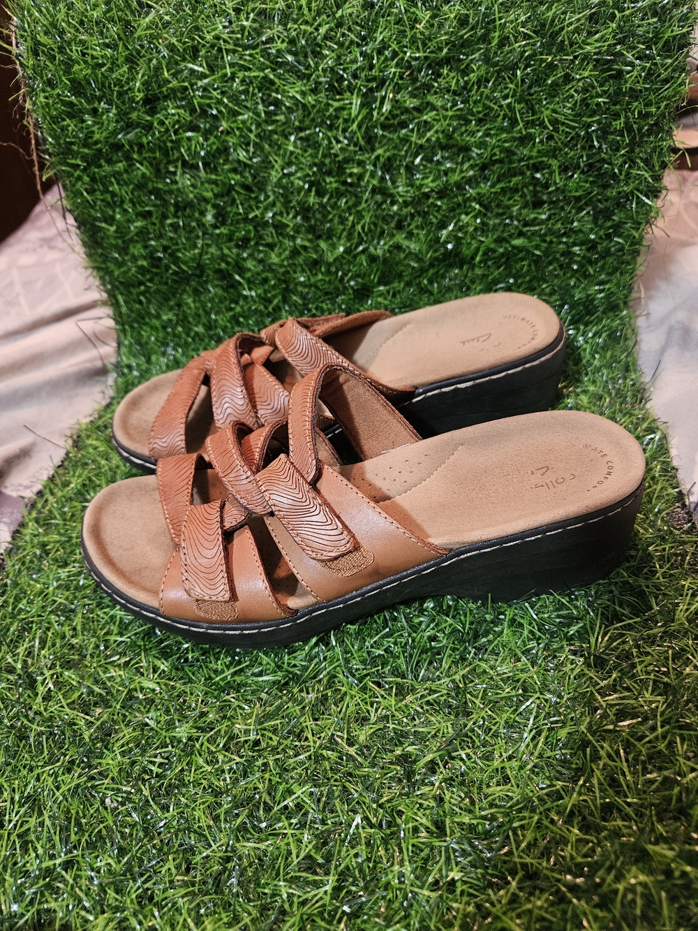 Clarks Tan Leather Braided Wedge Slide Mules